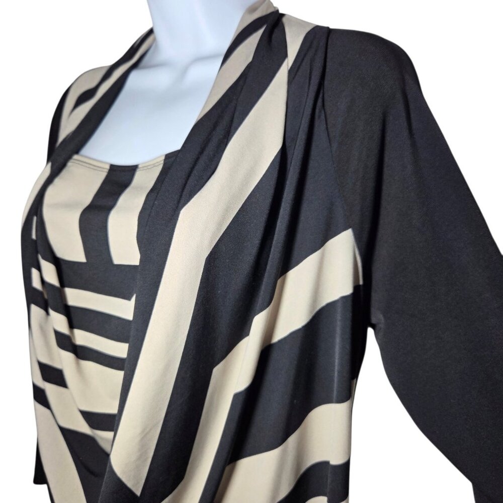 Chico's Black Gray Striped Draped Neck 3/4-Sleeve Careerwear Top Stretch M/12 - Picture 2 of 5